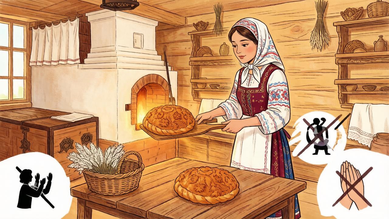 Женщина печёт хлеб в избе с корзиной льна и символическими запретами — иллюстрация к традициям Агафона Огуменника